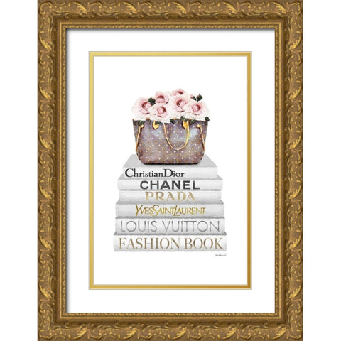 Pink Rose Book Stack Gold Ornate Wood Framed Art Print with Double Matting by Amanda Greenwood