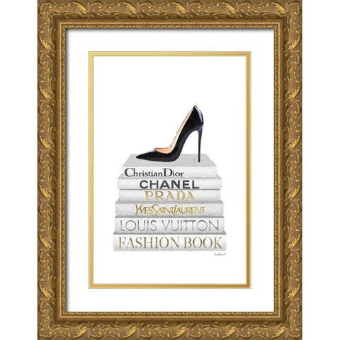Black Heel Bookstack Gold Ornate Wood Framed Art Print with Double Matting by Amanda Greenwood