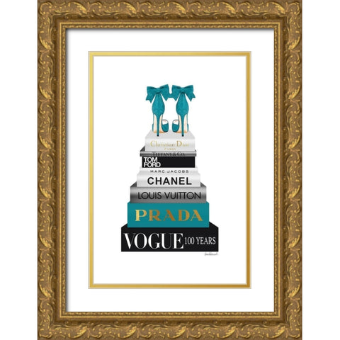 Bookstack Teal Gold Ornate Wood Framed Art Print with Double Matting by Amanda Greenwood