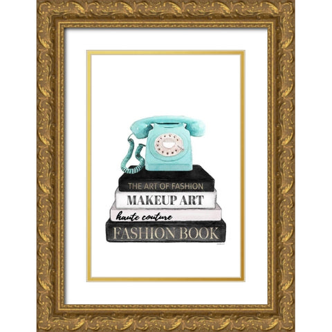 Telephone Bookstack Gold Ornate Wood Framed Art Print with Double Matting by Amanda Greenwood
