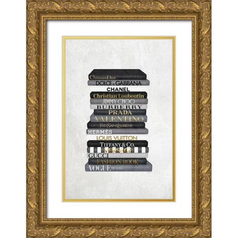 Black and White Bookstack Gold Ornate Wood Framed Art Print with Double Matting by Amanda Greenwood