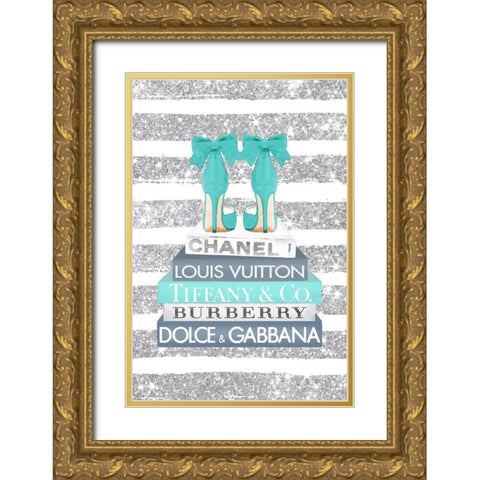 Bookstack Teal Heel Gold Ornate Wood Framed Art Print with Double Matting by Amanda Greenwood