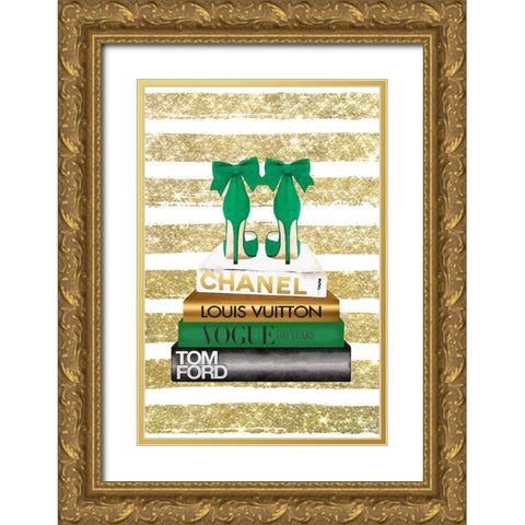 Bookstack Green Heel Gold Ornate Wood Framed Art Print with Double Matting by Amanda Greenwood