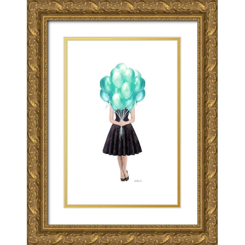 Teal Balloon Girl Gold Ornate Wood Framed Art Print with Double Matting by Amanda Greenwood