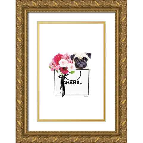 Pug and Shopping  Gold Ornate Wood Framed Art Print with Double Matting by Greenwood, Amanda