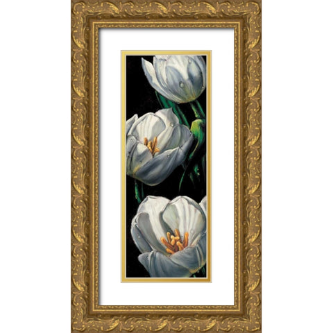 Dewdrop Tulips Gold Ornate Wood Framed Art Print with Double Matting by AlmaCh
