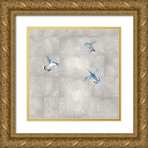 Hummingbirds Blue on Silver I Gold Ornate Wood Framed Art Print with Double Matting by Blake, Madeline