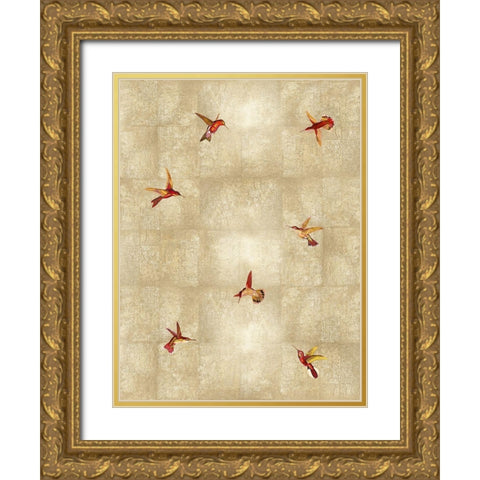 Hummingbirds Red on Gold I Gold Ornate Wood Framed Art Print with Double Matting by Blake, Madeline