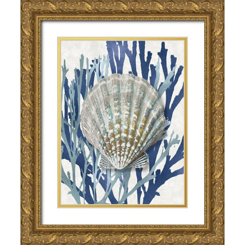 Shell Coral Aqua Blue IV Gold Ornate Wood Framed Art Print with Double Matting by Kelly, Caroline