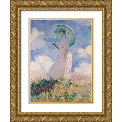 Woman with Parasol Gold Ornate Wood Framed Art Print with Double Matting by Monet, Claude