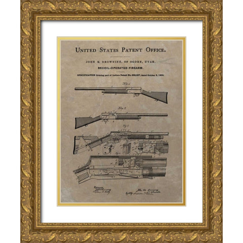 Browning Recoil Firearm - 1900- Gold Ornate Wood Framed Art Print with Double Matting by Sproul, Dan