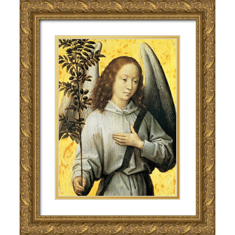 Angelo con ramo dulivo Gold Ornate Wood Framed Art Print with Double Matting by Memling, Hans