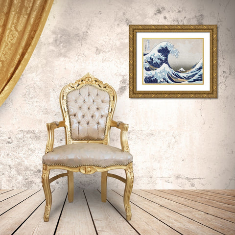 The Wave off Kanagawa Gold Ornate Wood Framed Art Print with Double Matting by Hokusai