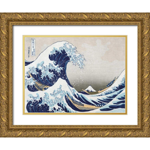 The Wave off Kanagawa Gold Ornate Wood Framed Art Print with Double Matting by Hokusai