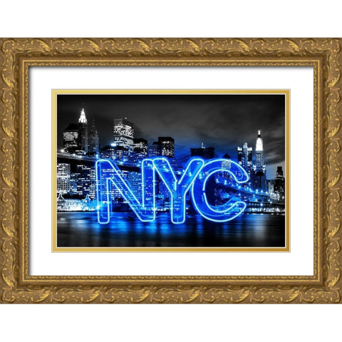 Neon New York City BB Gold Ornate Wood Framed Art Print with Double Matting by Carr, Hailey