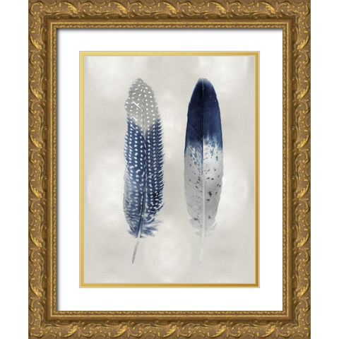 Blue Feather Pair on Silver Gold Ornate Wood Framed Art Print with Double Matting by Bosco, Julia
