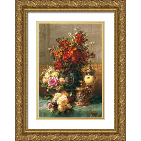 Fleurs sur une table Gold Ornate Wood Framed Art Print with Double Matting by Robie, Jean Baptiste