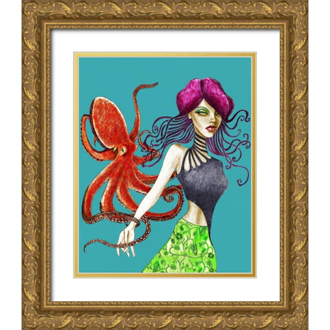 Octopus Gold Ornate Wood Framed Art Print with Double Matting by Goddess, Jami