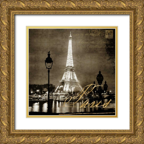 Paris At Night In Sepia Gold Ornate Wood Framed Art Print with Double Matting by Carrigan, Kate