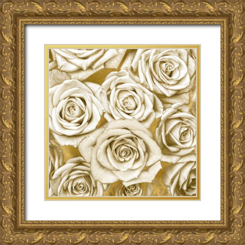 Ivory Roses on Gold Gold Ornate Wood Framed Art Print with Double Matting by Bennett, Kate