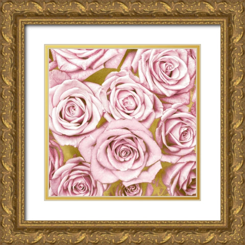 Pink Roses on Gold Gold Ornate Wood Framed Art Print with Double Matting by Bennett, Kate