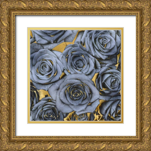 Roses - Blue on Gold Gold Ornate Wood Framed Art Print with Double Matting by Bennett, Kate