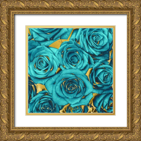 Roses - Teal on Gold Gold Ornate Wood Framed Art Print with Double Matting by Bennett, Kate
