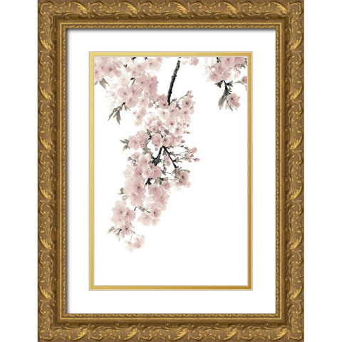 Pink Blossoms on White II Gold Ornate Wood Framed Art Print with Double Matting by Bennett, Kate