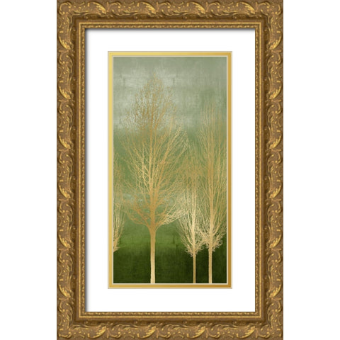 Gold Trees on Green Panel II Gold Ornate Wood Framed Art Print with Double Matting by Bennett, Kate