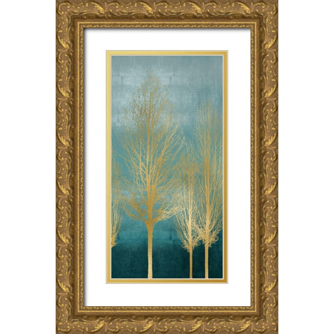 Gold Trees on Aqua Panel II Gold Ornate Wood Framed Art Print with Double Matting by Bennett, Kate