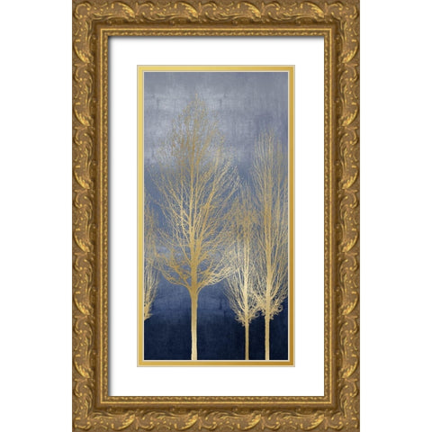 Gold Trees on Blue Panel II Gold Ornate Wood Framed Art Print with Double Matting by Bennett, Kate