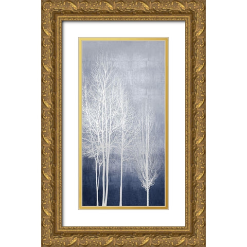 White Trees on Blue Panel I Gold Ornate Wood Framed Art Print with Double Matting by Bennett, Kate