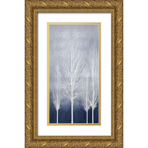 White Trees on Blue Panel II Gold Ornate Wood Framed Art Print with Double Matting by Bennett, Kate