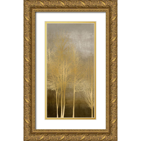 Gold Trees on Brown Panel I Gold Ornate Wood Framed Art Print with Double Matting by Bennett, Kate
