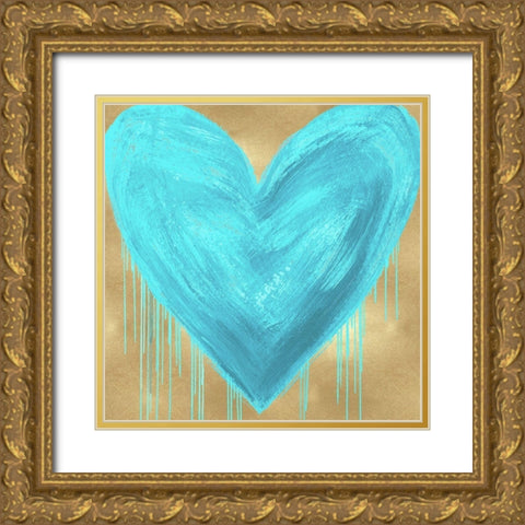 Big Hearted Aqua on Gold Gold Ornate Wood Framed Art Print with Double Matting by Rodgers, Lindsay