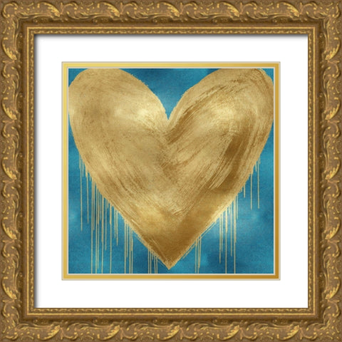 Big Hearted Gold on Aqua Gold Ornate Wood Framed Art Print with Double Matting by Rodgers, Lindsay