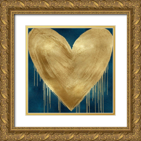 Big Hearted Gold on Teal Gold Ornate Wood Framed Art Print with Double Matting by Rodgers, Lindsay