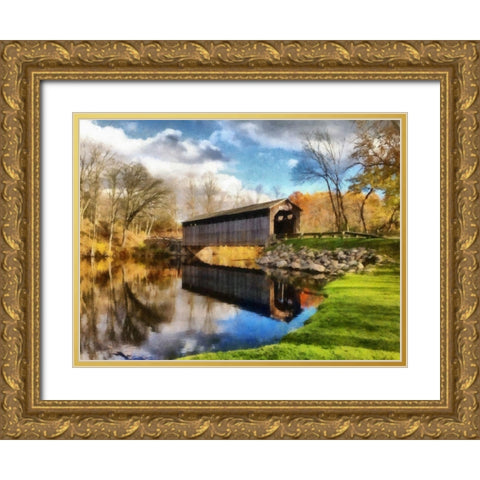 Fallasburg Bridge In Fall  Gold Ornate Wood Framed Art Print with Double Matting by Calkins, Michelle