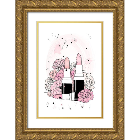 Peony Lipsticks Gold Ornate Wood Framed Art Print with Double Matting by Pavlova, Martina