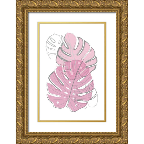 Pink Leaves Gold Ornate Wood Framed Art Print with Double Matting by Pavlova, Martina