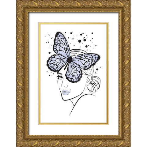 Lady Butterfly Blue Gold Ornate Wood Framed Art Print with Double Matting by Pavlova, Martina