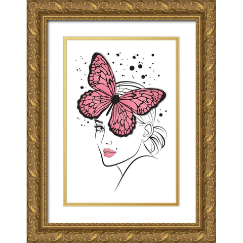 Lady Butterfly Pink Gold Ornate Wood Framed Art Print with Double Matting by Pavlova, Martina