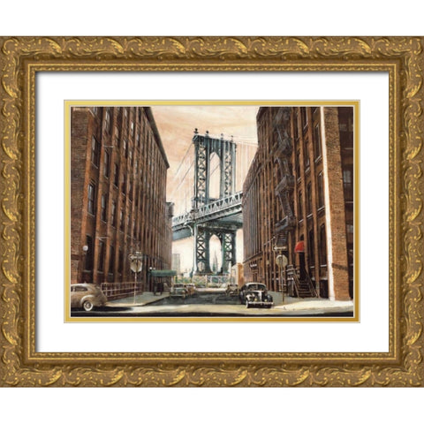 View to the Manhattan Bridge Gold Ornate Wood Framed Art Print with Double Matting by Daniels, Matthew