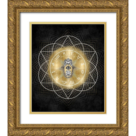 Hamsa Hand with Zodiac Signs Gold Ornate Wood Framed Art Print with Double Matting by Jeffries, Oliver