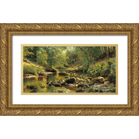 A Woodland River in Summer Gold Ornate Wood Framed Art Print with Double Matting by Monsted, Peder