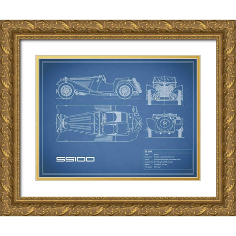 Jaguar SS-100-Blue Gold Ornate Wood Framed Art Print with Double Matting by Rogan, Mark