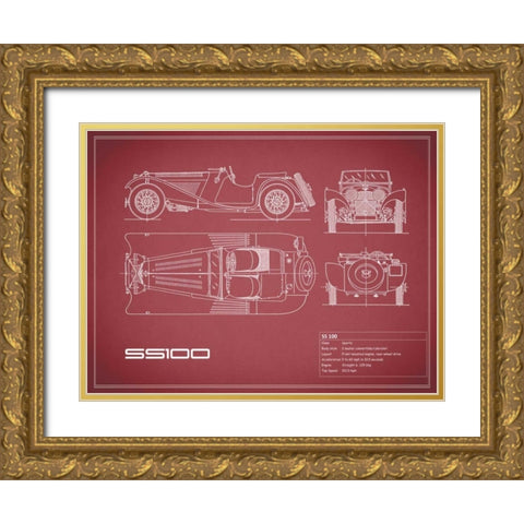 Jaguar SS-100-Maroon Gold Ornate Wood Framed Art Print with Double Matting by Rogan, Mark