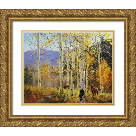 Elks in Heaven Gold Ornate Wood Framed Art Print with Double Matting by Kim, Gary