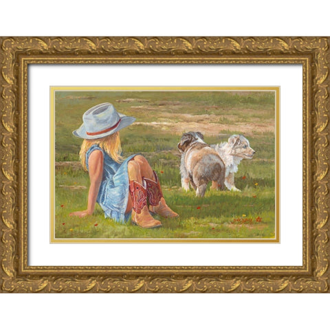 Red Boots and Puppies Gold Ornate Wood Framed Art Print with Double Matting by Dudley, June