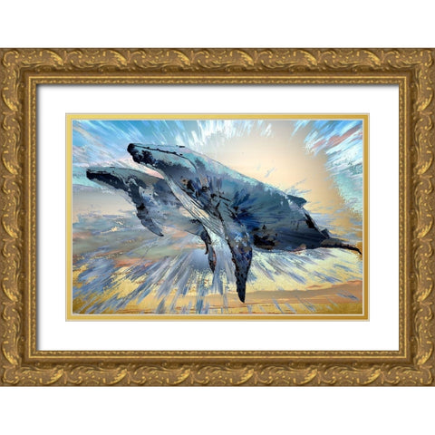 Two More Blue Whales Gold Ornate Wood Framed Art Print with Double Matting by Bolokofsky, Ronald